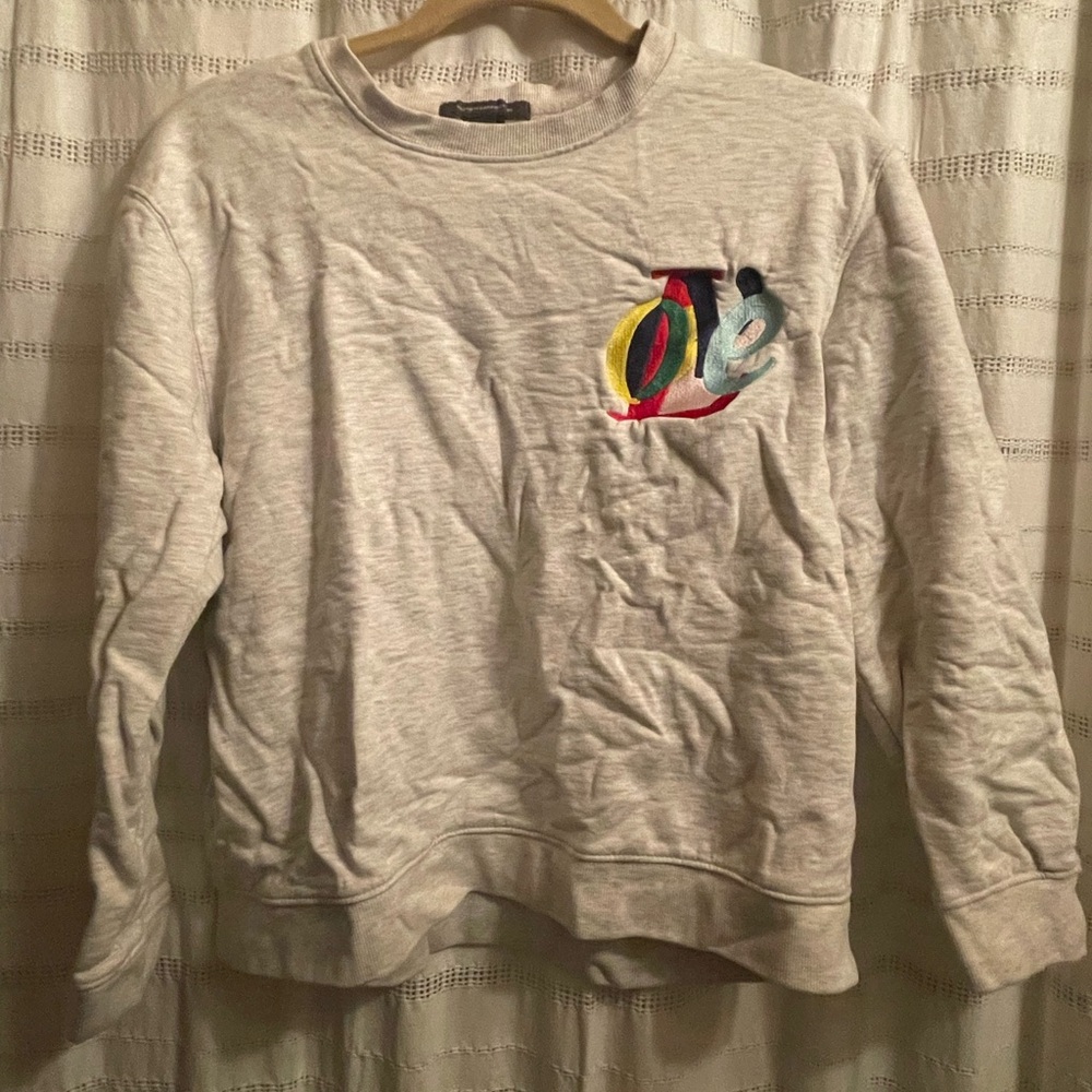 French Connection Light Gray Crewneck Sweater with Multicolor Logo